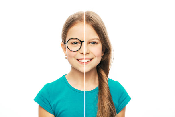 Caucasian girl with eyeglasses and without glasses. Choose contact lenses for vision correction. Photo collage cut in half to select contact lenses or eyeglasses
